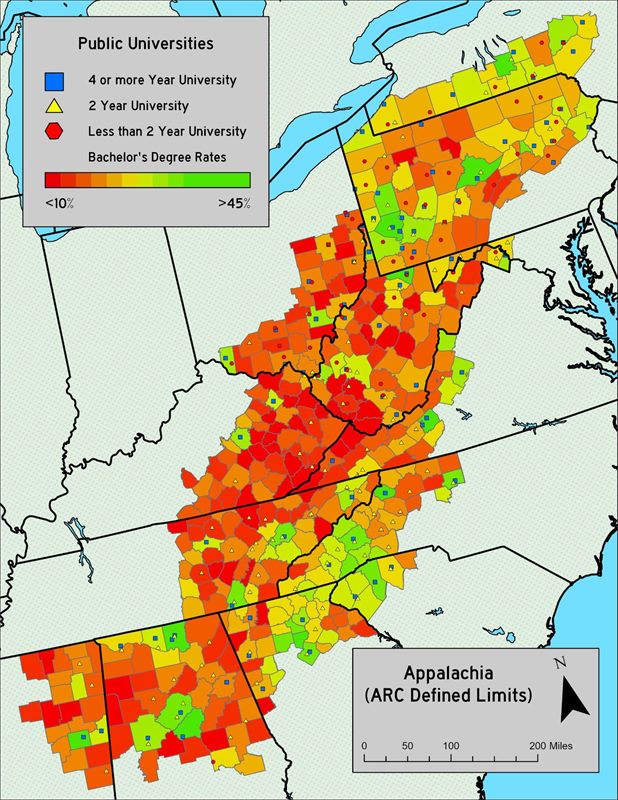Map of Appalachian counties shaded by bachelor's degree rate, with public universities marked by type.