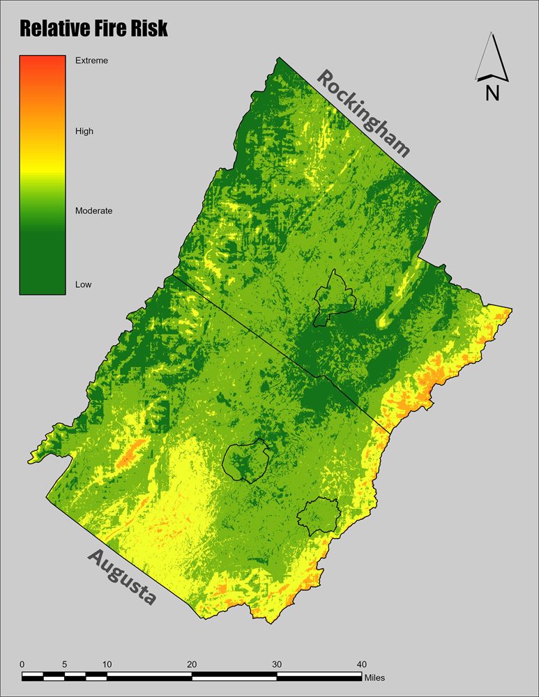 Relative fire risk map of Rockingham and Augusta counties, Virginia, shaded from dark green for low risk to red for extreme risk.
