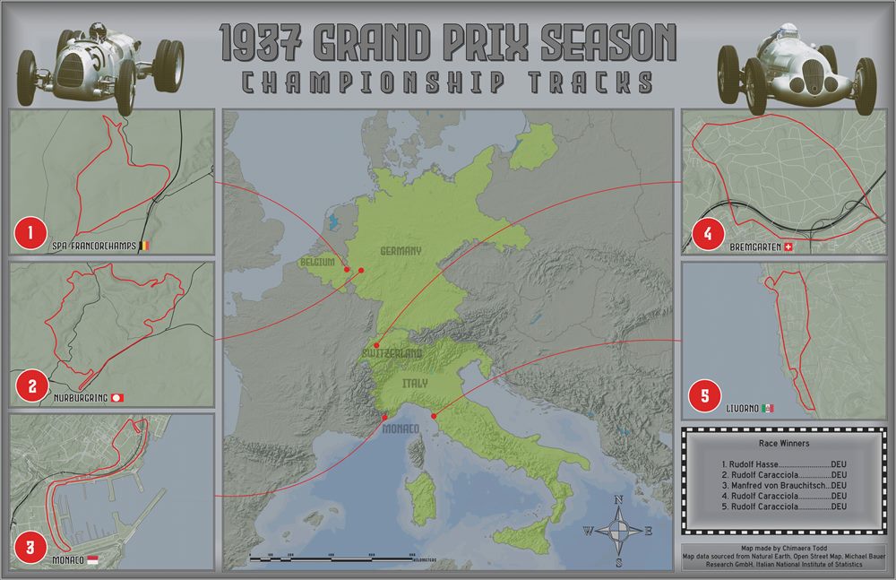 Map of Europe with five inset maps of racing circuits connected by red lines to their locations, and a race winners panel.