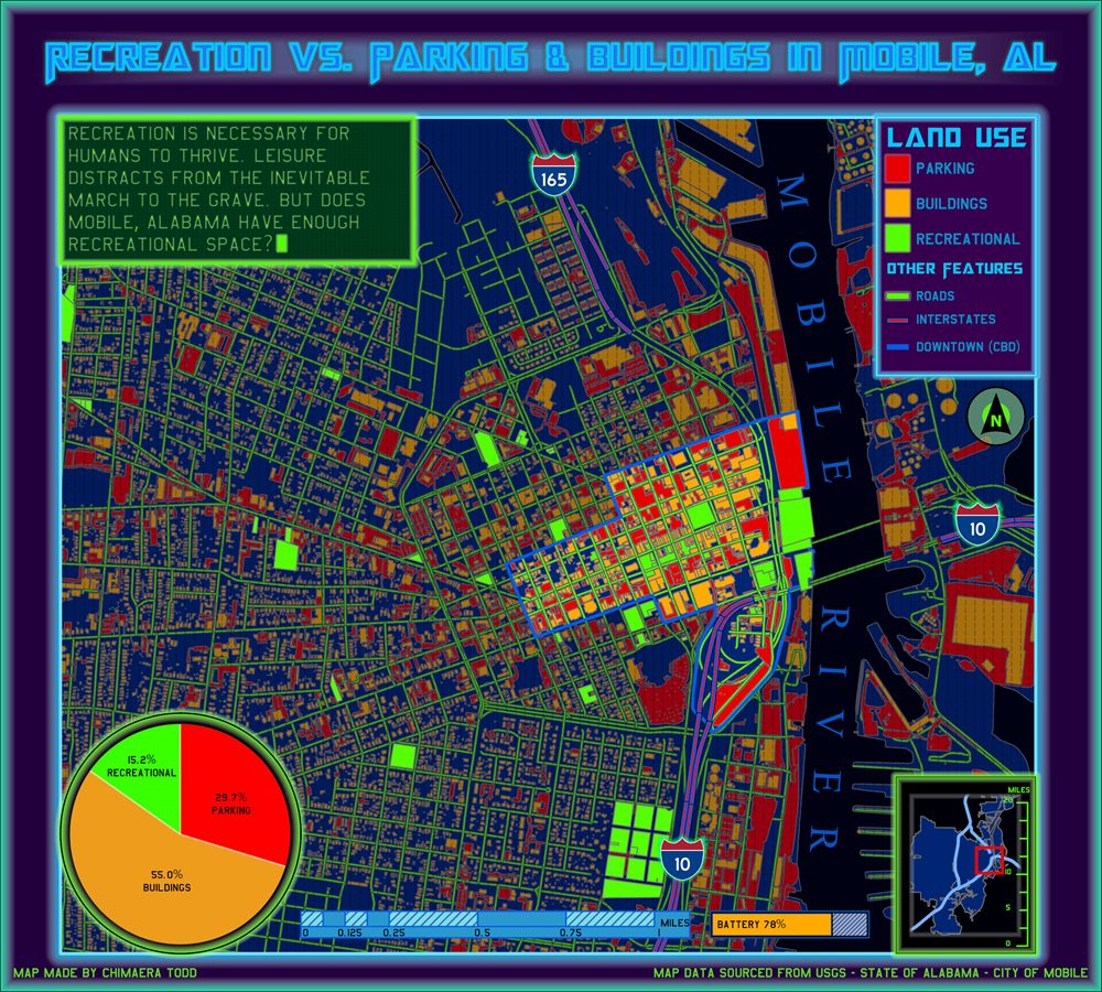 Land use map of Mobile, Alabama on a dark blue background, with parking in red, buildings in orange and recreational land in green.