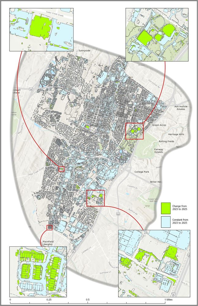 Change analysis map of Winchester, Virginia, with changed impervious surface in green, constant impervious surface in light blue, and four inset panels.